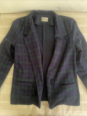 Vintage Women's Navy & Green Plaid Open-Front Blazer Plaid Tartan Jacket
